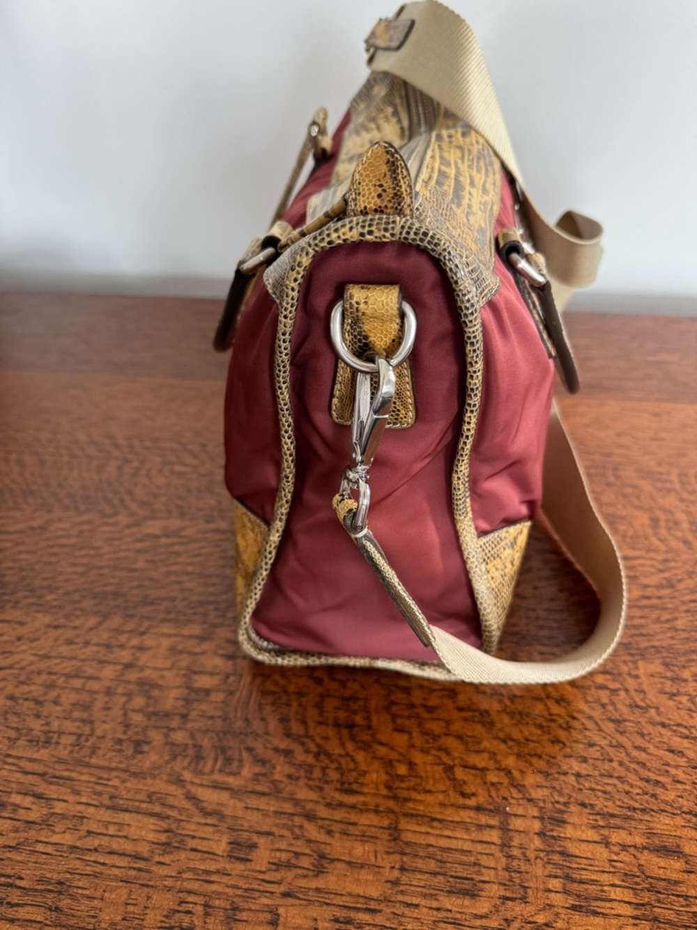 Prada Tessuto Ouverture Burgundy Nylon Lizard Leather Satchel/Shoulder Bag w/COA - Picture 5 of 12